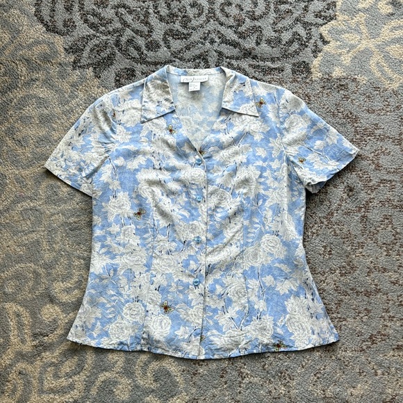 Vintage Silk Assets Diane Von Furstenberg Floral Silk Button Down Top Blue Sm - Picture 1 of 6